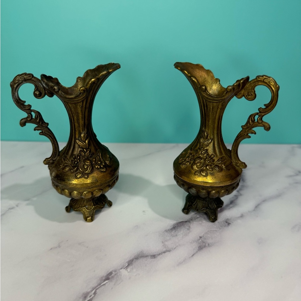 Vintage Brass Art Nouveau Italian Floral Metal Vase Pitchers
